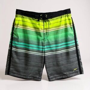Speedo Swim Trunks Shorts Mens Large Green Black Striped Boardshorts‎ Mesh Lined